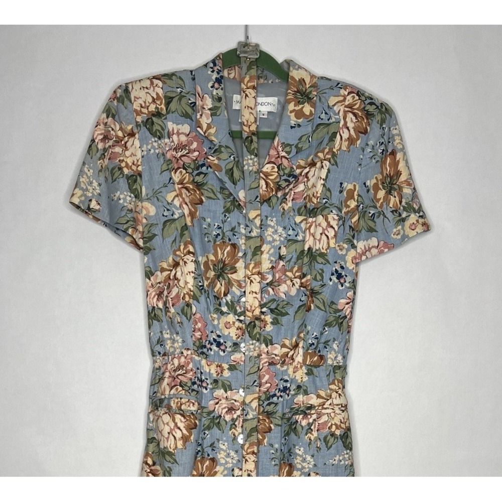 Vintage 90s Maggy London Dress Womens 8 Blue Floral Maxi Button Up Linen Cotton